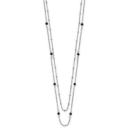 Chisel Stainless Steel Polished 2-Strand Necklace With Black Crystal Beads 16+1 Inch Beaded Design