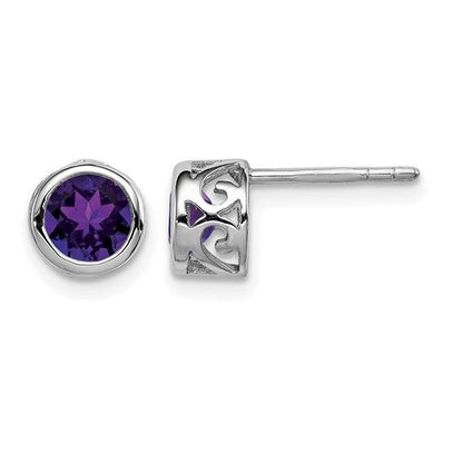 February Birthstone Sterling Silver Amethyst Round Earrings