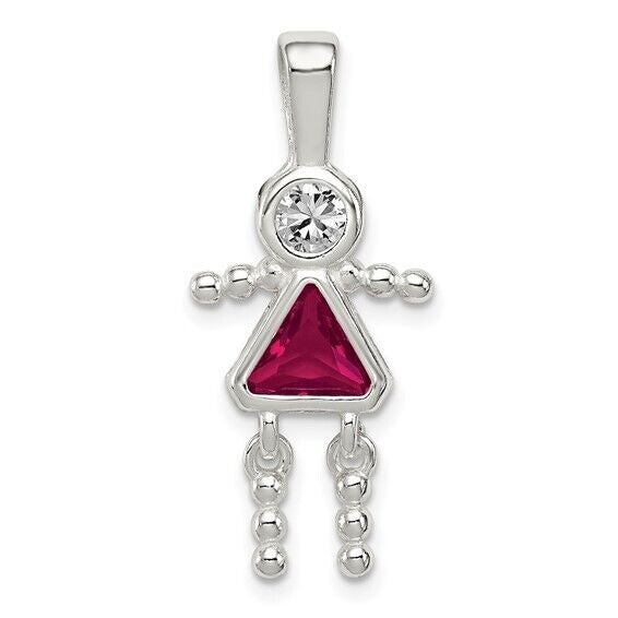 Sterling Silver Rhodium-plated CZ and Birthstone Red July Glass Girl Pendant