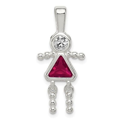 Sterling Silver Rhodium-plated CZ and Birthstone Red July Glass Girl Pendant
