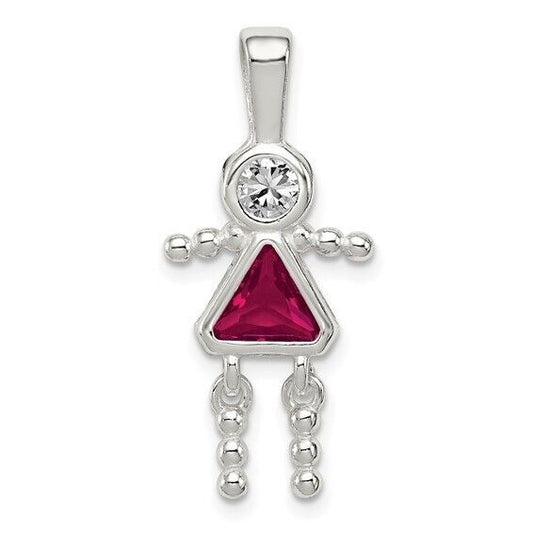 Sterling Silver Rhodium-plated CZ and Birthstone Red July Glass Girl Pendant