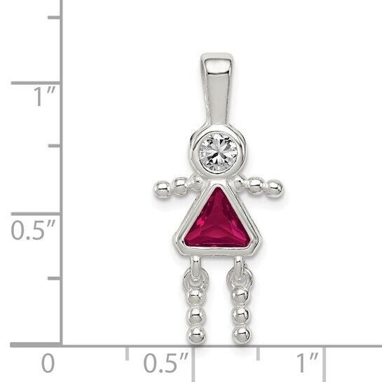 Sterling Silver Rhodium-plated CZ and Birthstone Red July Glass Girl Pendant