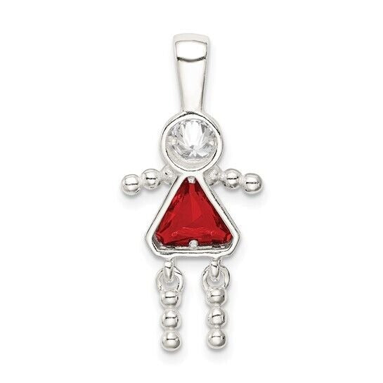 Sterling Silver Rhodium-plated CZ and Birthstone Red July Glass Girl Pendant