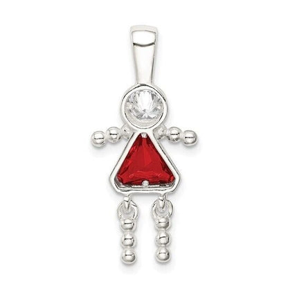 Sterling Silver Rhodium-plated CZ and Birthstone Red July Glass Girl Pendant