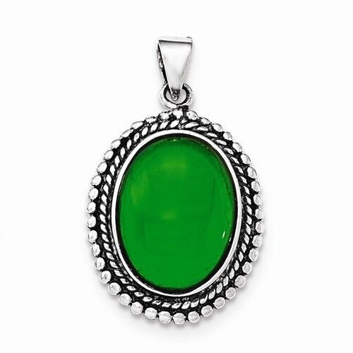 Sterling Silver Antiqued Green Aventurine Oval Pendant
