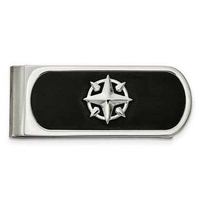 Stainless Steel Brushed and Polished Black IP-plated Compass Money Clip