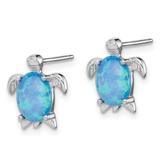 Sterling Silver Rhodium-Plated Created Opal Turtle Button Post Earrings