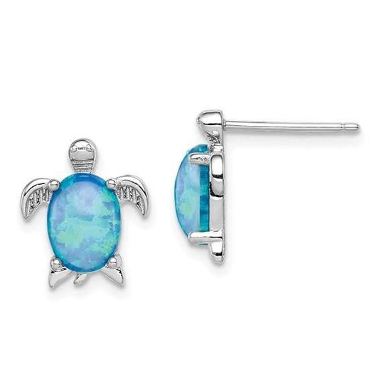 Sterling Silver Rhodium-Plated Created Opal Turtle Button Post Earrings