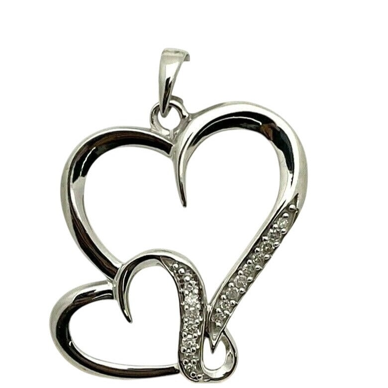 Sterling Silver & Diamond Double Heart Pendant 1/10 Ctw