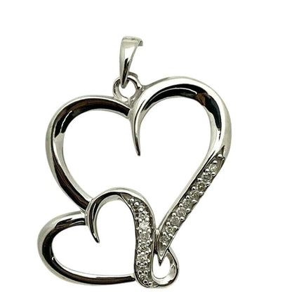 Sterling Silver & Diamond Double Heart Pendant 1/10 Ctw