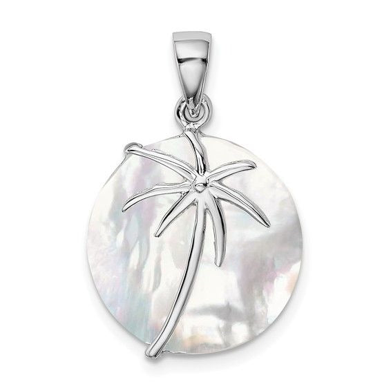 Sterling Silver Rhodium-Plated Round Mother Of Pearl Palm Tree Pendant