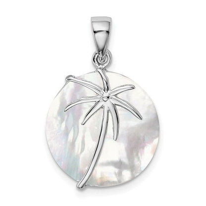 Sterling Silver Rhodium-Plated Round Mother Of Pearl Palm Tree Pendant