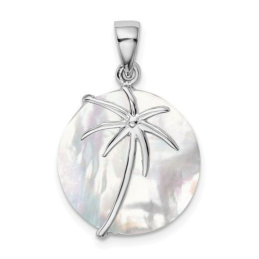 Sterling Silver Rhodium-Plated Round Mother Of Pearl Palm Tree Pendant