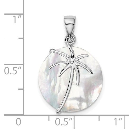 Sterling Silver Rhodium-Plated Round Mother Of Pearl Palm Tree Pendant
