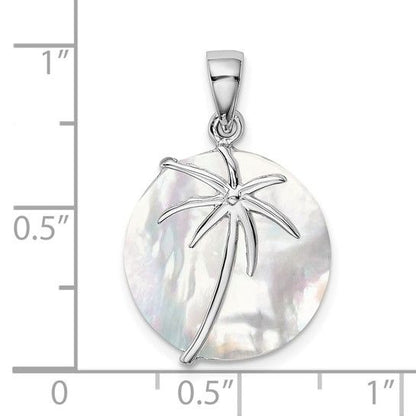 Sterling Silver Rhodium-Plated Round Mother Of Pearl Palm Tree Pendant