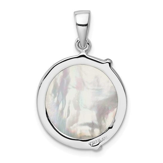 Sterling Silver Rhodium-Plated Round Mother Of Pearl Palm Tree Pendant