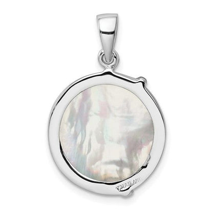 Sterling Silver Rhodium-Plated Round Mother Of Pearl Palm Tree Pendant