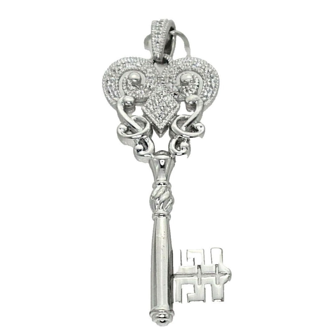 Key Shaped Diamond Accent Pendant Real Solid .925 Sterling Silver 4.9g