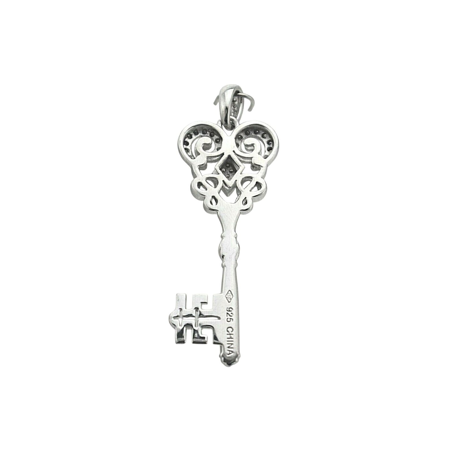 Key Shaped Diamond Accent Pendant Real Solid .925 Sterling Silver 4.9g