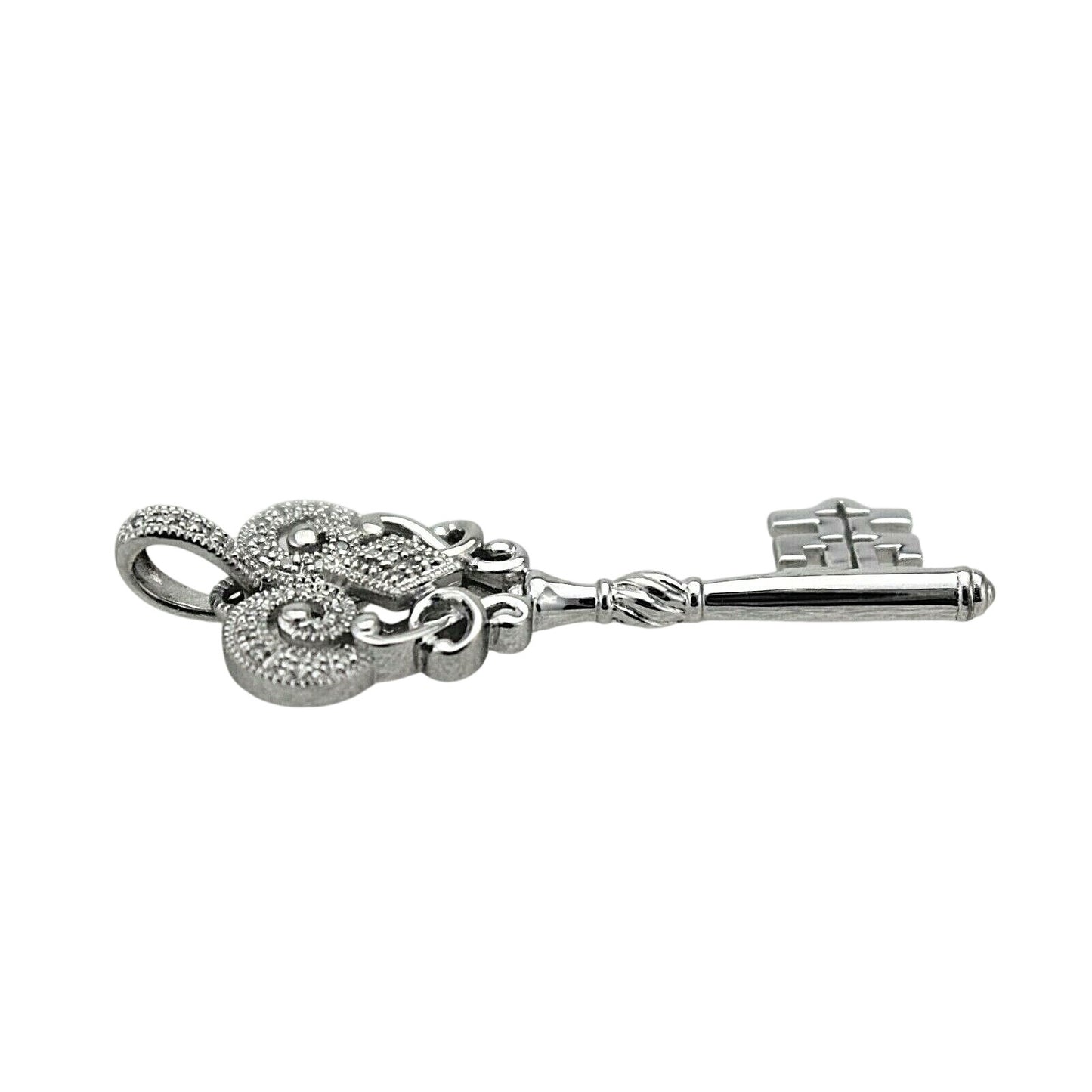 Key Shaped Diamond Accent Pendant Real Solid .925 Sterling Silver 4.9g