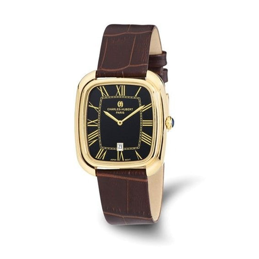 Mens Charles Hubert IP-Plated Gold Watch Brown Leather Band & Roman Numeral