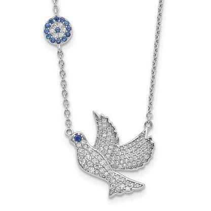Sterling Silver Rhodium-Plated Dove Necklace With Blue & Clear CZ Stones 16-18 Inches Adjustable