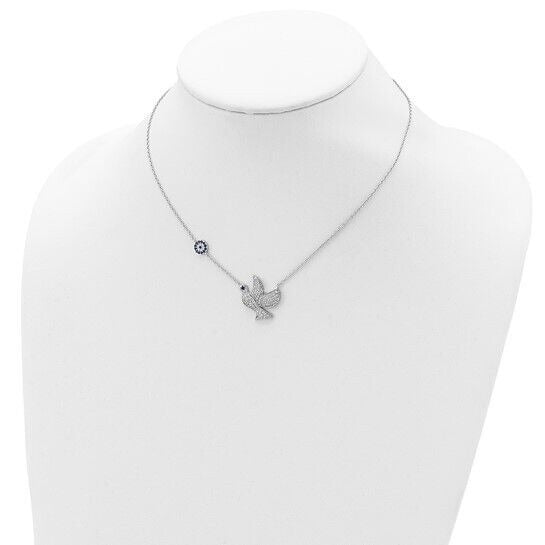 Sterling Silver Rhodium-Plated Dove Necklace With Blue & Clear CZ Stones 16-18 Inches Adjustable