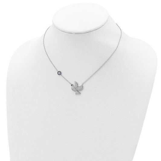 Sterling Silver Rhodium-Plated Dove Necklace With Blue & Clear CZ Stones 16-18 Inches Adjustable