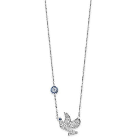 Sterling Silver Rhodium-Plated Dove Necklace With Blue & Clear CZ Stones 16-18 Inches Adjustable