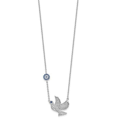 Sterling Silver Rhodium-Plated Dove Necklace With Blue & Clear CZ Stones 16-18 Inches Adjustable