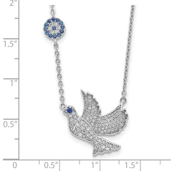 Sterling Silver Rhodium-Plated Dove Necklace With Blue & Clear CZ Stones 16-18 Inches Adjustable