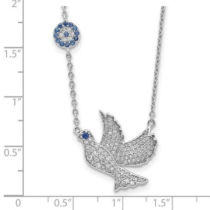 Sterling Silver Rhodium-Plated Dove Necklace With Blue & Clear CZ Stones 16-18 Inches Adjustable