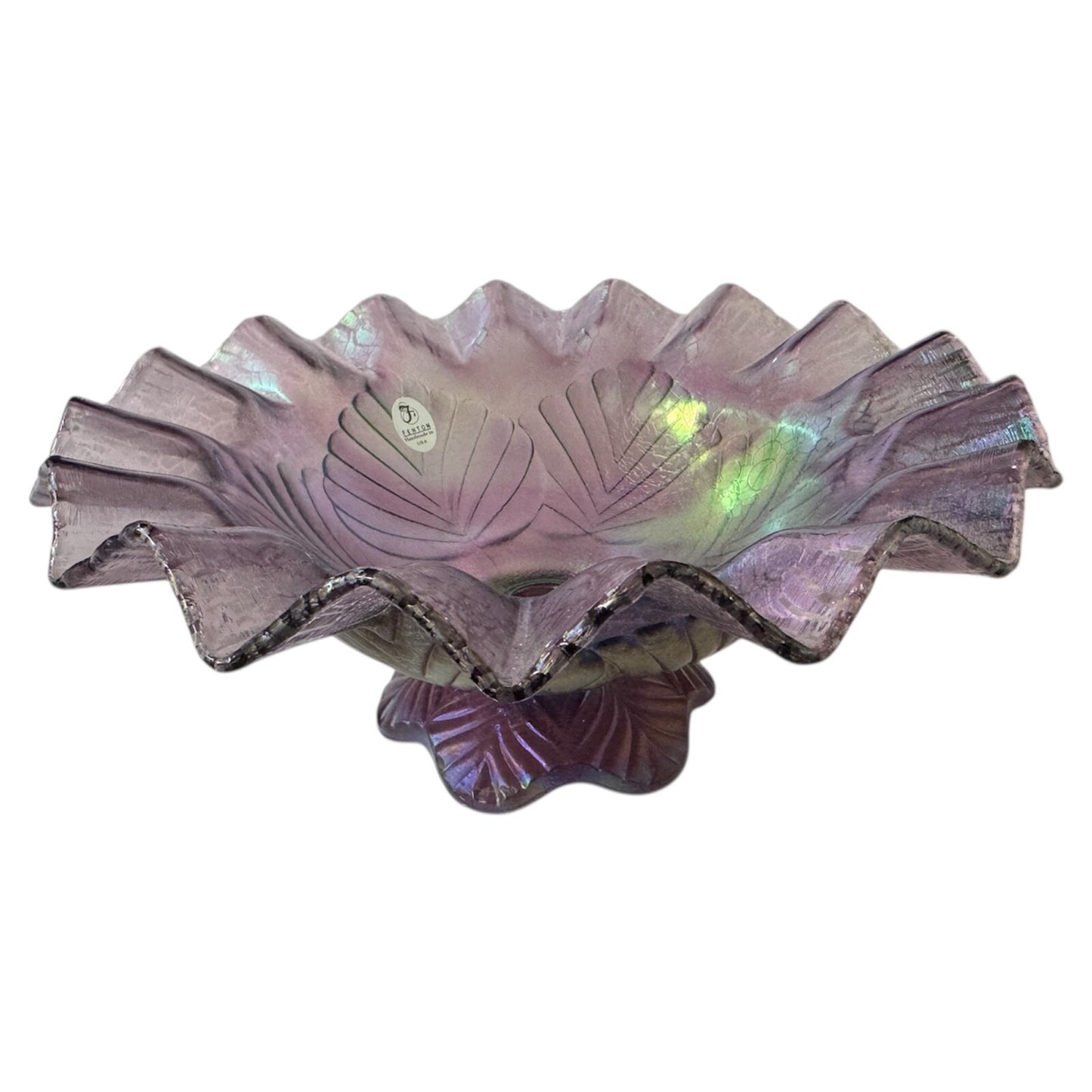 Fenton Purple Iridescent Leaf Aubergine Stretch Epergne Glass Footed Bowl ONLY