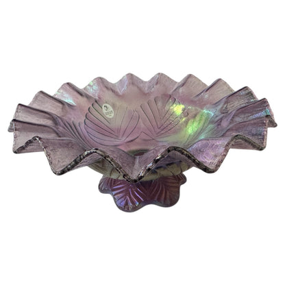 Fenton Purple Iridescent Leaf Aubergine Stretch Epergne Glass Footed Bowl ONLY