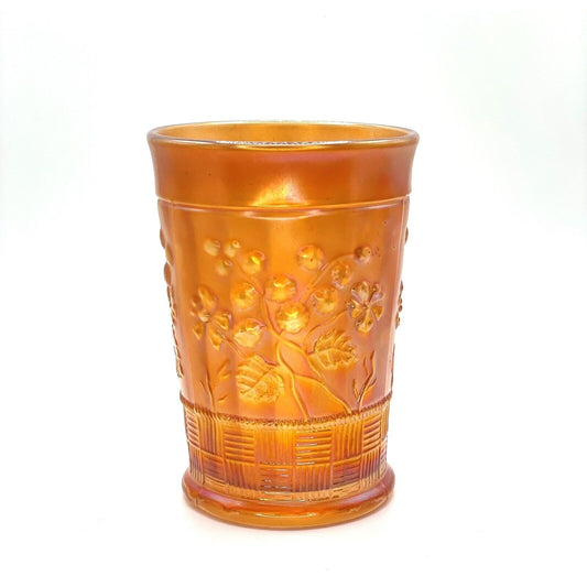 Vintage Carnival Glass Cup Iridescent Tumblr Water Marigold Orange Flowers