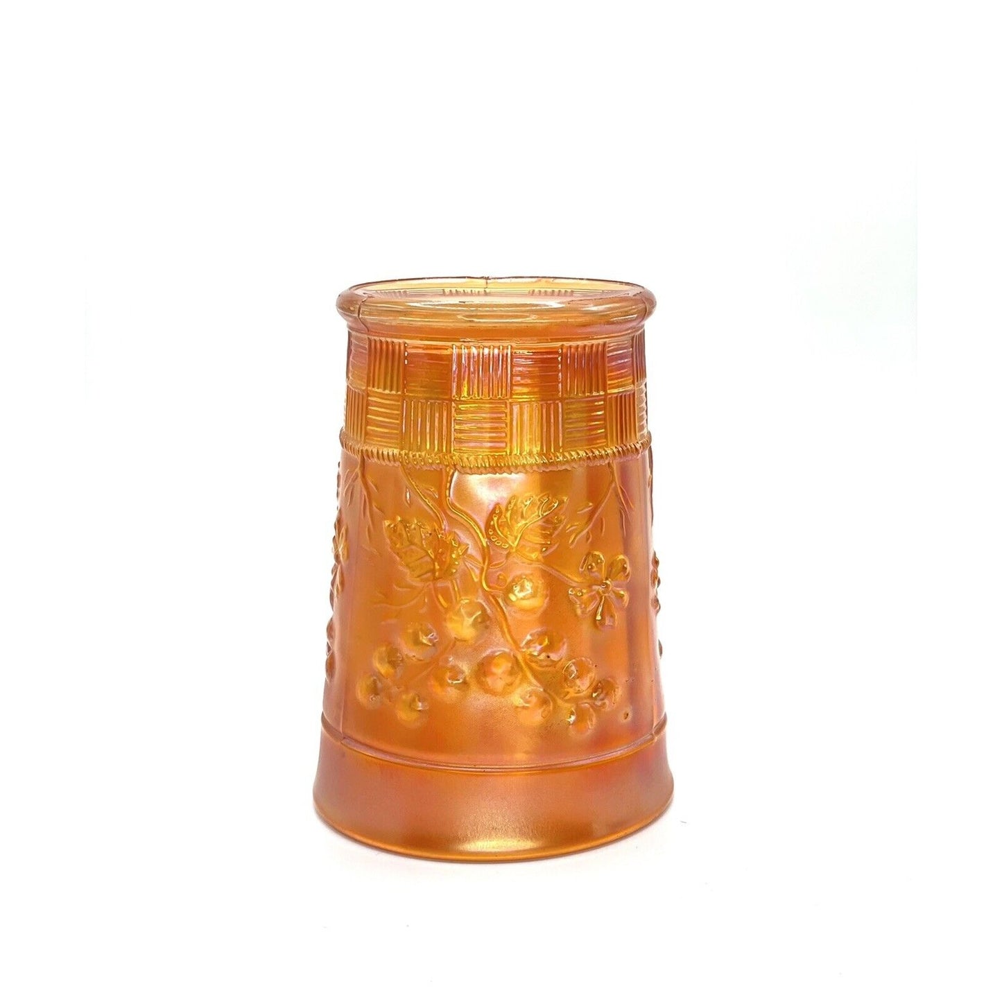 Vintage Carnival Glass Cup Iridescent Tumblr Water Marigold Orange Flowers