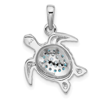 Sterling Silver Sea Turtle Pendant Blue & White Crystals Rhodium-Plated