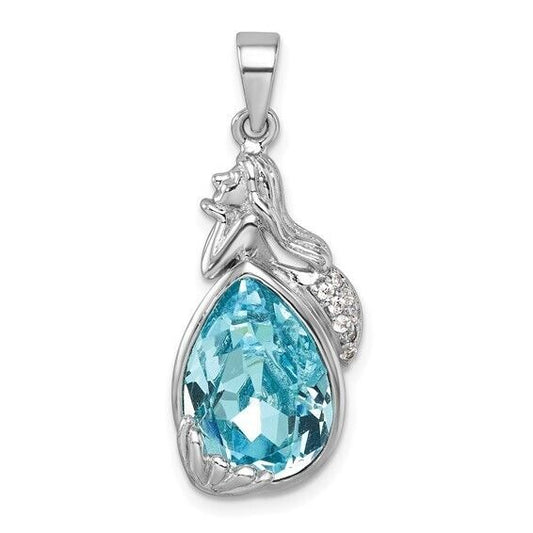 Sterling Silver Rhodium-Plated Polished Blue Crystal Mermaid Pendant