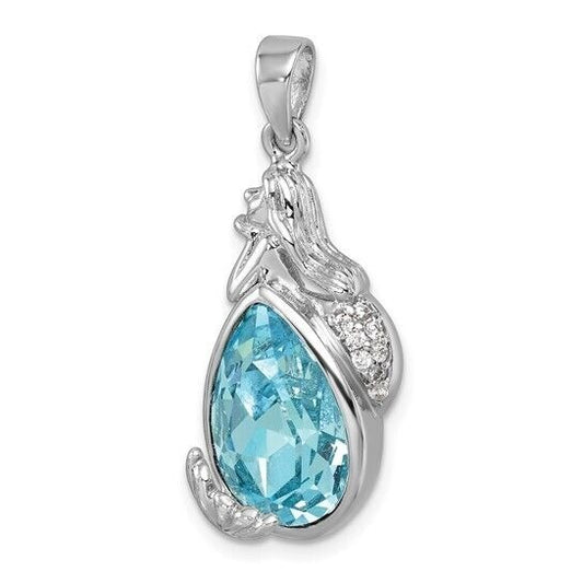 Sterling Silver Rhodium-Plated Polished Blue Crystal Mermaid Pendant