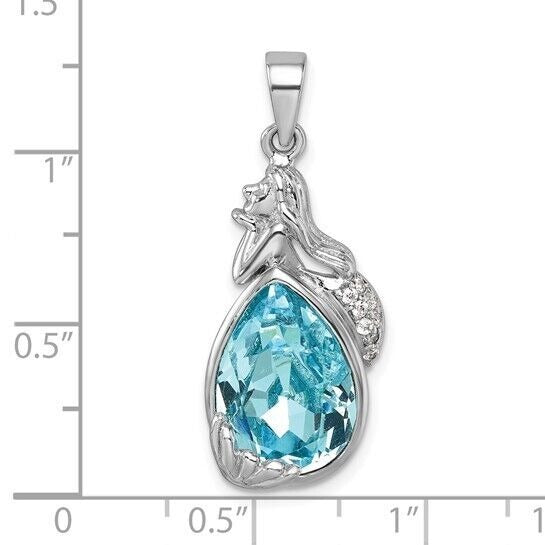 Sterling Silver Rhodium-Plated Polished Blue Crystal Mermaid Pendant