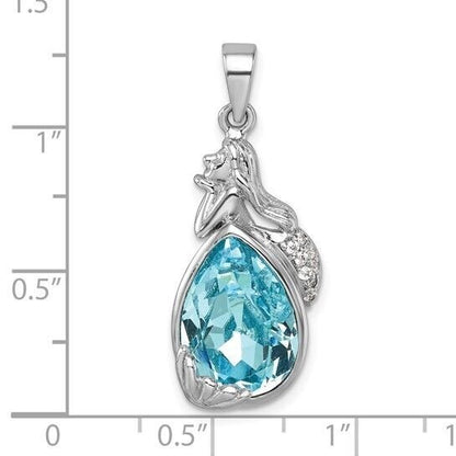 Sterling Silver Rhodium-Plated Polished Blue Crystal Mermaid Pendant