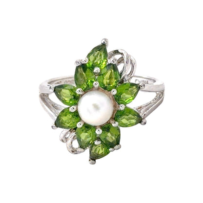 Pearl & Green Quartz Sterling Silver Ring 3.2g Size 5.75
