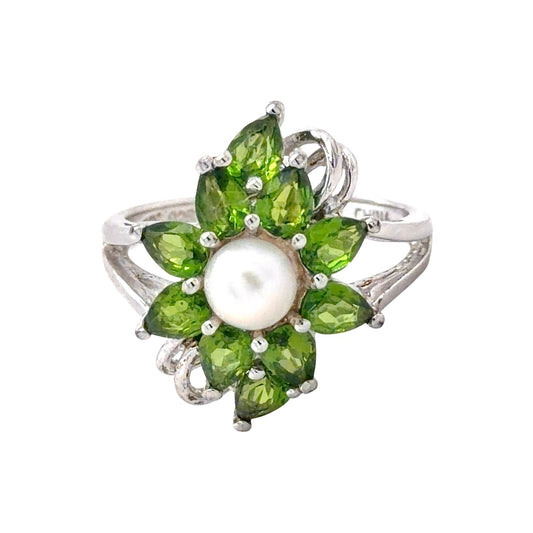 Pearl & Green Quartz Sterling Silver Ring 3.2g Size 5.75
