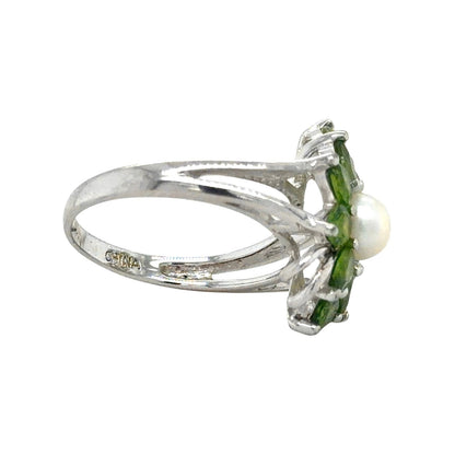 Pearl & Green Quartz Sterling Silver Ring 3.2g Size 5.75