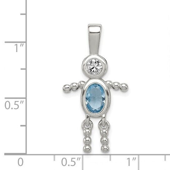 Sterling Silver Rhodium-plated CZ and Birthstone Blue March Glass Boy Pendant