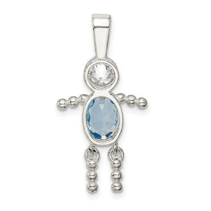 Sterling Silver Rhodium-plated CZ and Birthstone Blue March Glass Boy Pendant