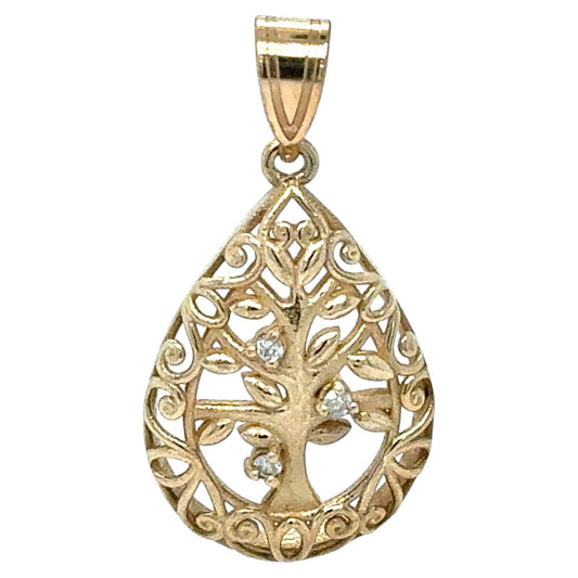 10K Yellow Gold 3 stone Diamond Tree of Life Tear Drop Pendant