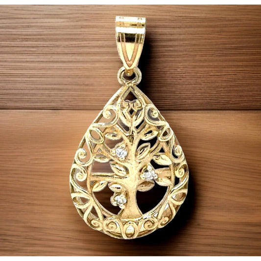 10K Yellow Gold 3 stone Diamond Tree of Life Tear Drop Pendant