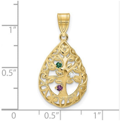 10K Yellow Gold 3 stone Diamond Tree of Life Tear Drop Pendant