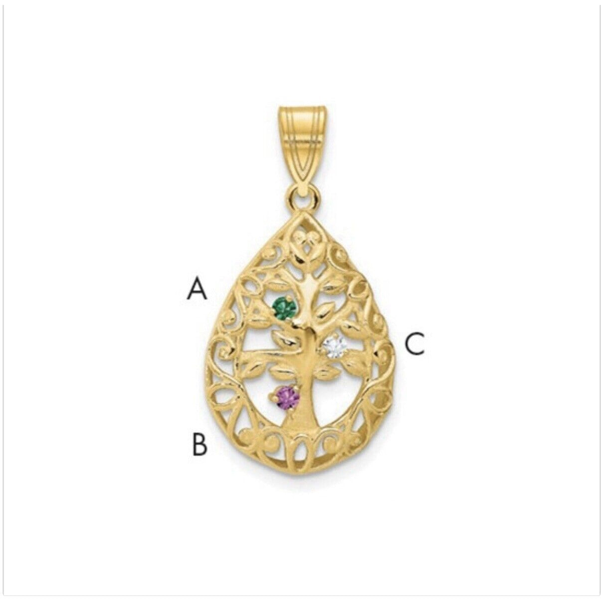 10K Yellow Gold 3 stone Diamond Tree of Life Tear Drop Pendant